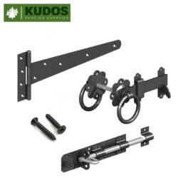 side gate hinge, latch and bolt set in black